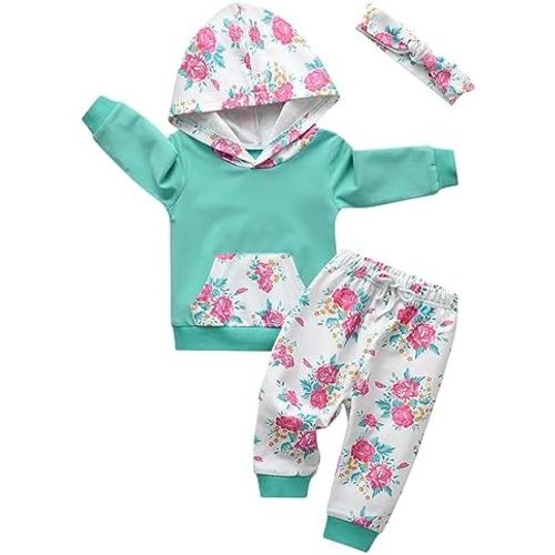Eghunooy Baby Girl Clothes Long Sleeve Floral Hoodie Sweatshirt Pants with Pocket Headband Outfit Sets