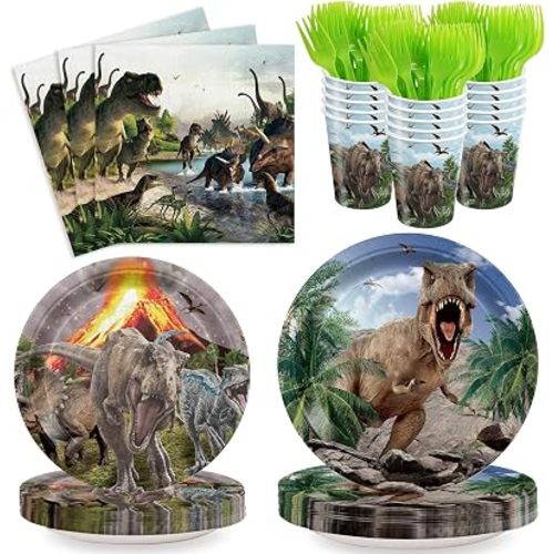 Lot de 120 fournitures de fête d'anniversaire dinosaures « Happy Birthday » - Assiettes, serviettes, tasses, fourchettes vertes - Fournitures de fête pour 24 invités