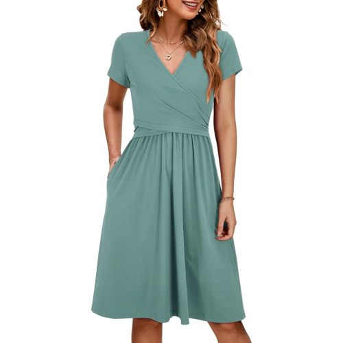 OUGES Maternity Nursing Dress Breastfeeding Short Sleeve V Neck Casual Pregnancy Clothes with Pockets