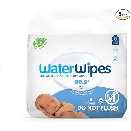 WaterWipes Plastic-Free Original Baby Wipes, 99.9% Water Based Wipes, Unscented & Hypoallergenic for Sensitive Skin, 300 Count (5 packs)