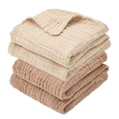 Aablexema Muslin Baby Blanket Set of 2, Beige & Coffee | Soft Cotton Receiving Blanket for Infant Swaddle Blanket Toddler Boys Girls Bath Towel, Newborn Essentials