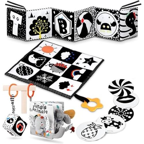 5 in 1 Black and White High Contrast Baby Toys 0-3 Months for Newborn, Tummy Time Toys Montessori Toys for Babies 0 3 6 9 Months - Infant Sensory Soft Book Toys for Babies Girls Boys Baby Gifts