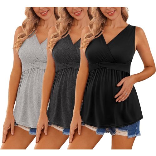 Ekouaer Women's Maternity Tank Tops 3 Packs Sleeveless Nursing Tops V Neck Breastfeeding Shirts Pregnancy Clothes