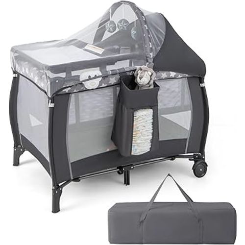 HONEY JOY Pack and Play with Bassinet, 4-in-1 Portable Baby Playard with Changing Table, Net & Cute Toys, Diaper Storage Bag, Music Box, Wheels with Brake, Foldable Newborn Play Yard w/Carry Bag