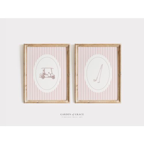 Golf Girl Nursery Print Wall Art Set of 2, Pale Pink Striped Golf Themed Girl's Room Decor, Golf Cart and Clubs Vintage Sport Print for Girl