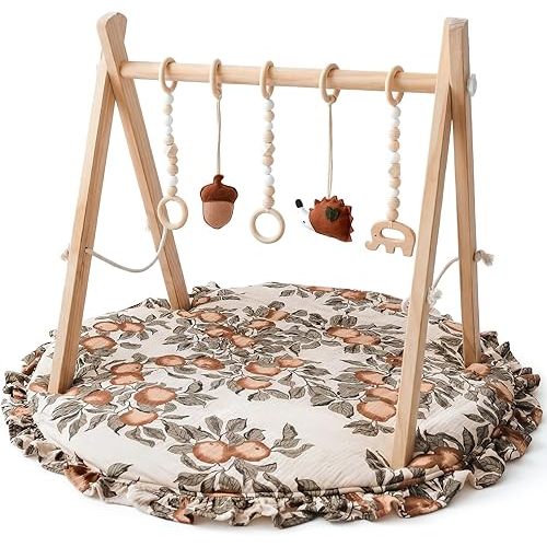 Wooden Baby Play Gym with Apple & Leaf Print Play Mat, Baby Gym with 5 Sensory Toys, Foldable Baby Activity Center Play Gym Frame for Newborn Infant Shower Gift