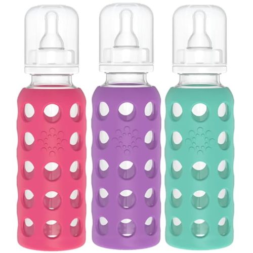 Lifefactory Glass Baby Bottle BPA Free | Protective Silicone Sleeve | 9 oz Pack of 3 | Raspberry, Grape, Kale