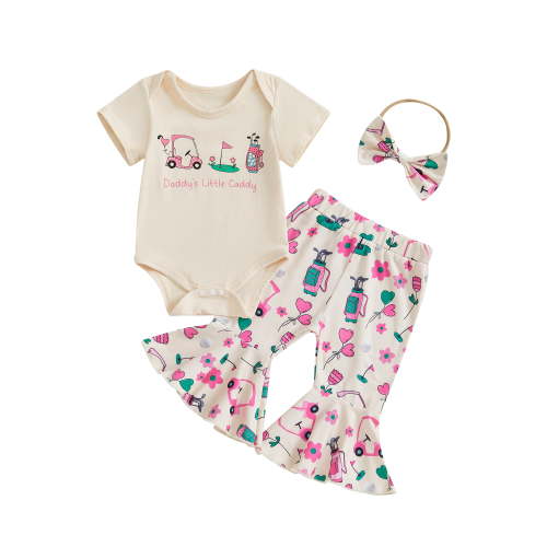 BemeyourBBs Baby Girls Summer Outfit Golf Print Romper and Flare Pants Headband