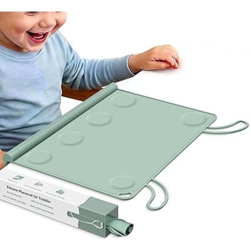 Silicone Placemat for Toddler Eating: Wipe Clean & Roll Up in The Diaper Bag - Table Mat for Restaurant/Travel/On-The-Go