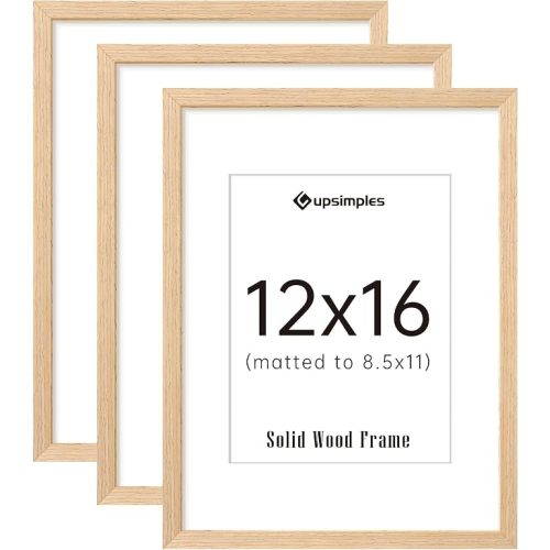 upsimples 12x16 Frame Set of 3, Natural Solid Wooden Picture Frames, Display 8.5x11 with Mat or 12 x 16 Without for Vertical or Horizontal Wall Hanging