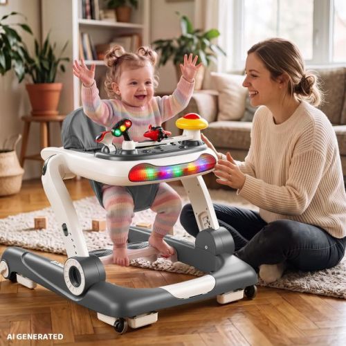 TODECARE 5-in-1 Baby Walker , Adjustable Height Activity Walker with Safety Bumper for Toddlers, Gray