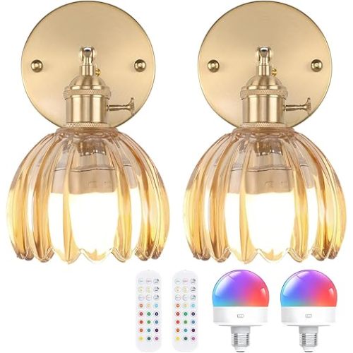 Vintage Battery Operated Wall Sconce with Amber Tulip Glass