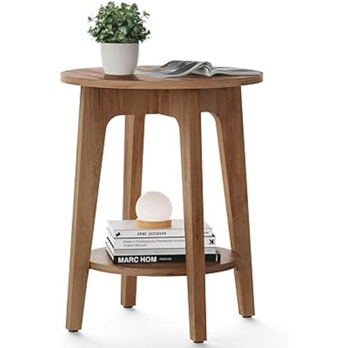 VASAGLE MAEZO Collection - Side Table, 2-Tier Small Round End Table, Nightstand with Tapered Legs, Curved Transitions, for Small Spaces, Living Room, Bedroom, Rustic Walnut ULET283T41