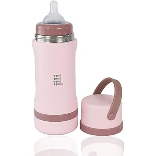 Jili All-in-One Baby Bottle, Insulated Stainless Steel Bottle with Formula Container, Anti-Colic Nipple, and Leak-Proof Lid, Baby Essentials for Travel, BPA and Phthalates-Free, Rose, 8 oz.