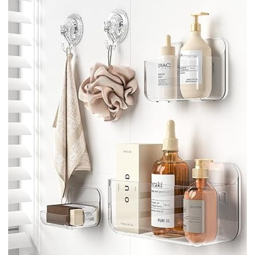 Shower Shelves, 5 Pack Adhesive Clear Acrylic Bathroom Shower Organizer Caddy, Transparent No Drilling Wall Mount Bathroom Storage with Soap Holder and Hooks
