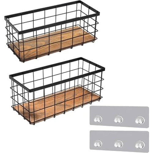 TIEYIPIN Black Metal Wire Storage Baskets with Wood Bottoms, Bathroom Storage Organizer Basket Bins, Set of 2 - Includes 2 Bonus Adhesive Hooks for Easy Wall Mounting