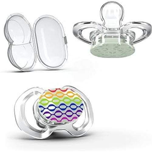 Smilo Baby Pacifier - 2 Pack of Slimline Pacifiers for Babies with Sterilization Box - Stage 1 for Babies 0-3 Months - 100% Silicone Newborn Pacifiers BPA Free - Glow in The Dark