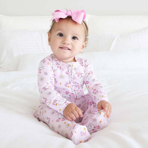 Silly Goose Ruffle Zipper Footie in Pink | Caden Lane