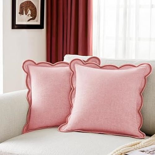 Scalloped Pillow Cover Pack of 2 Spring Chenille Decorative Throw Pillow Covers Cute Boho Couch Pillow Covers Aesthetic Funky Preppy Pillow Cases for Sofa Living Room (Blush Pink, 18x18 Inch)