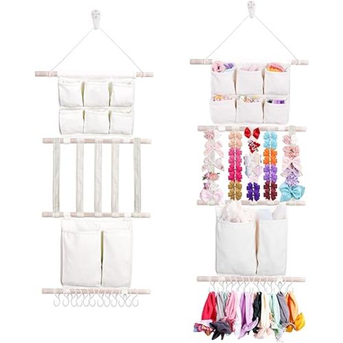 cherrboll Hair Bows Holder Headband Organizer for Girls, Hair Clips Hanger Storage with Hooks, Wall Hanging Decor for Nursery Room