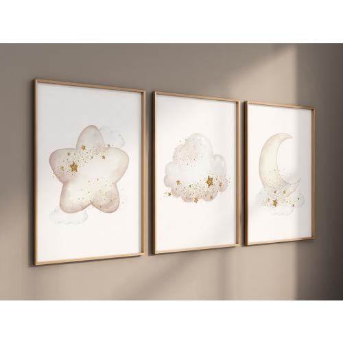 Neutral Moon Nursery Wall Art Set of 3, Star Cloud Prints
