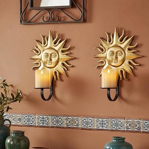 We Moment Candle Sconce,Set of 2 Gold Sun Metal Candle Sconces Wall Mounted Holders for Home,Living Room, Dining Room,Rustic Farmhouse Garden Yard Patio Boho Wall Decor