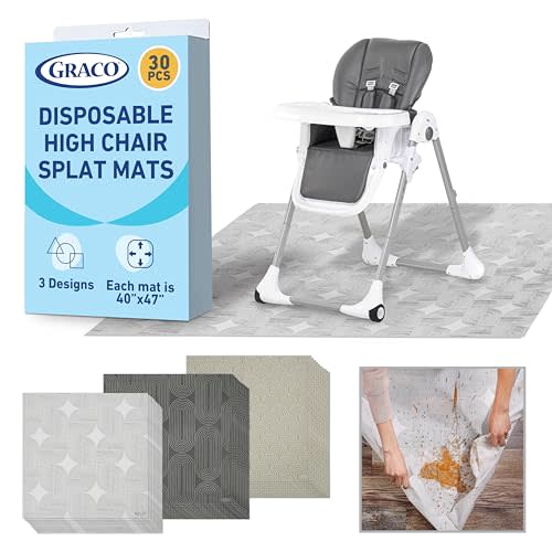 Graco Baby Disposable Splat Mats, 30 Sheets with Assorted Designs, 47" x 40", Eco-Friendly Floor Protector for Mealtime, Home & Restaurant Use