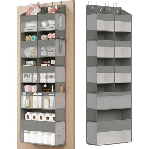 SONGMICS Over-the-Door Organizer, 9-Compartment Door Hanging Storage Shelf, Foldable Closet Hanging Organizer, Heavy-Duty, Metal Hooks, Transparent, Dove Gray URDH009GD01
