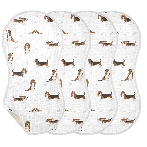 Basset Hound Dog Pattern Muslin Burp Cloths for Baby 4 Pack Soft 100% Cotton Baby Washcloths Bibs for Boy Girl