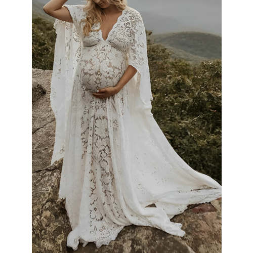 Momyknows Floral Lace Backless Boho Baby Shower Flare Sleeve Pregnant Maternity Photoshoot Maxi Dress