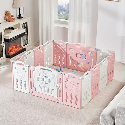 Albott Baby Playpen, Upgraded 14 Panels Foldable Fence with Game Panel and Safety Gate, Adjustable Shape, Portable Play Yards for Children Toddlers Indoor or Outdoors (Pink+White,14 Panel), 1.0 Sq Ft