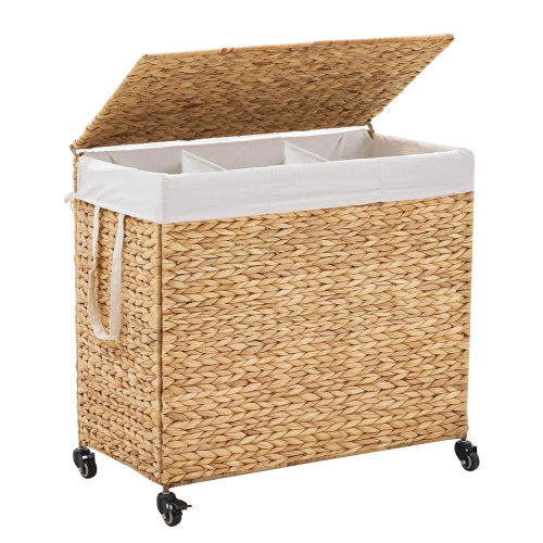 Rectangle Water Hyacinth Laundry Hamper with Lid, 27" Tall 3-Section Sorting Hamper with Removable Liners & Wheels | Wayfair