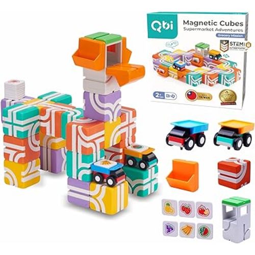 QBI Magnetic Blocks for Toddlers Ages 2-4|STEM Magnetic Building Blocks with Trucks & Fruit Tiles|Montessori Magnet Building Cubes for Kids|Educational Gifts for Boys & Girls Ages 2+ (32PCS)