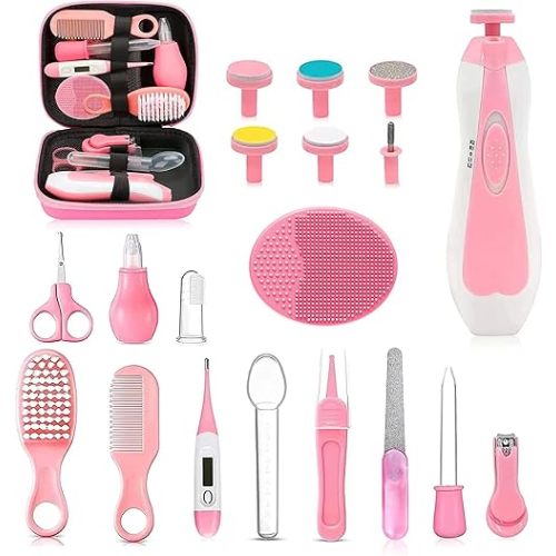 Baby Healthcare and Grooming Kit, 26 in 1 Portable Baby Safety Care Set with Hair Brush Comb Nasal Aspirator Electric Nail Trimmer Set Baby Essentials kit for Newborn Boys Girls (Pink)