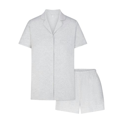 SKIMS SLEEP SHORT SLEEVE BUTTON UP SET | LIGHT HEATHER GREY | SKIMS