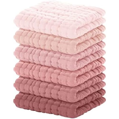 Yoofoss Muslin Baby Washcloths 100% Organic Cotton Face Towels 6 Pack Wash Cloths for Baby 12x12in Soft and Absorbent Baby Wipes (Gradient Pink)