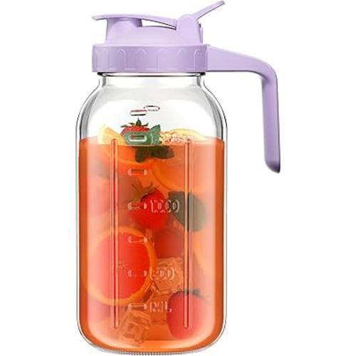 64 oz Glass Pitcher with Lid, Large Wide Mouth Mason Jar with Pour Spout, Purple Sun Tea Glass Jar for Outside, Juice Pitcher Great for Drink, Cold Beverages and Breast Milk