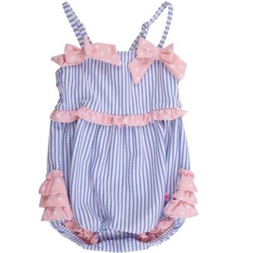 RuffleButts Baby Girls UPF50+ Seersucker One Piece Bow Bubble Romper Swimsuit - Periwinkle Blue Seersucker, 0-3m