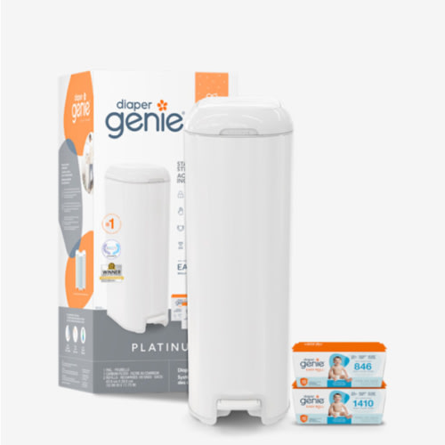 Diaper Genie Platinum Diaper Pail Gift Set | Hands-Free Odor Control with Foot Pedal | Stainless Steel Baby Diaper Pail | Includes 2 Easy Roll Refills 48 Bags Total | Baby Registry Must-Have