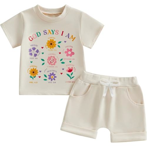 Baby Girl Letter T-shirt Cotton Shorts 2PCS Clothes Set God Says I am Floral Tee Tops Infant Toddler Summer Outfit