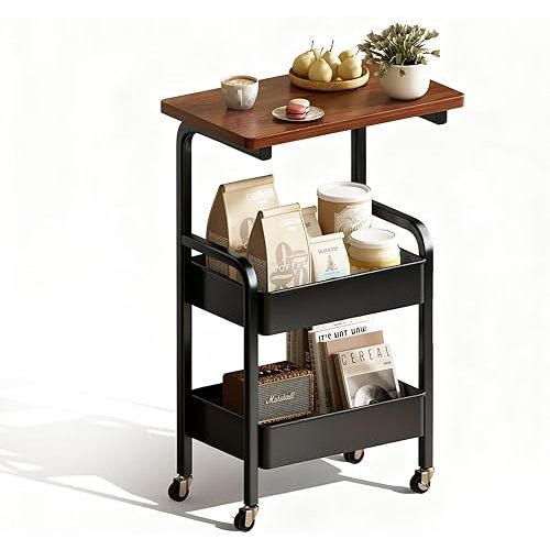 3 Tier Metal Rolling Utility Cart Organizer with Walnut Table Top, Stable and Sturdy Rolling Storage Carts with 2 Lockable Wheels for Kitchen，Bathroom，Snacks，Coffee，Craft，Makeup，Baby Essentials