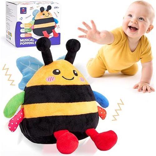 hahaland Musical Tummy Time Bouncing Plush Bee Crawling Toy for 6 Month | Dancing Vibrating & Buzzing Bee Baby Toys 7 8 9 10 11 12 Month Old, Bee Toy Gifts for 1 Year Old Boy & Girl