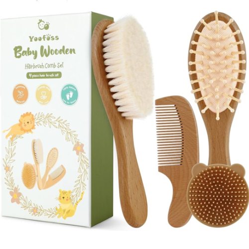 Yoofoss 4 Piece Baby Hair Brush and Comb Set, Wooden Baby Hair Brush with Natural Ultra Soft Goat Hair, Baby Comb Set for Boy, Girl - Walnut