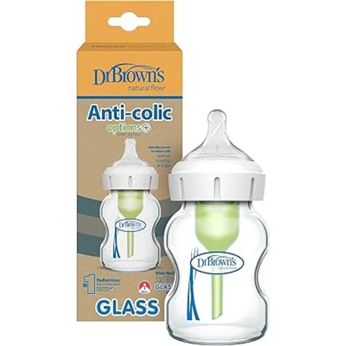 Dr. Brown's Natural Flow Anti-Colic Options+ Wide-Neck Glass Baby Bottle 5 oz/150 mL, with Level 1 Slow Flow Nipple, 1 Pack, 0m+