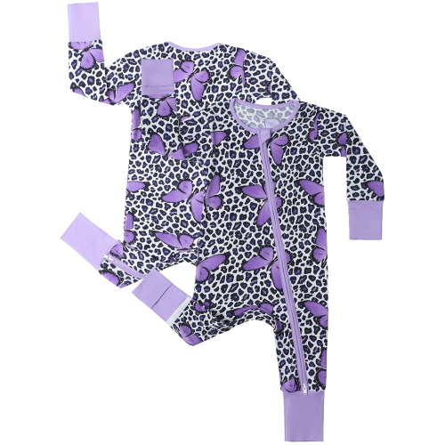 QEFJNO Bamboo Viscose Baby Girls One-Piece Footies Pajamas, Zipper Romper with Mitten, Footless Sleepers - Butterfly