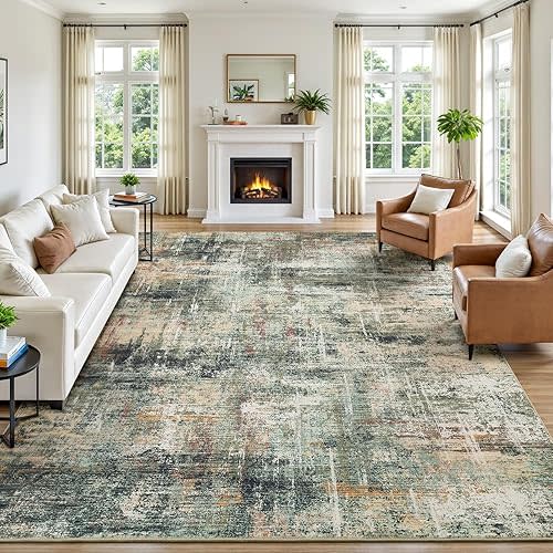 Lofus 8x10 Area Rug for Living Room, Coffee Green Abstract Large Rugs with Non-Slip Backing, Neutral Modern Washable Carpet for Bedroom Dining Room Home Office Nursery Indoor