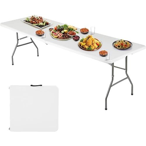 FDW 6FT Folding Table, Portable Fold-in-Half Plastic Picnic Party Table with Carrying Handle (White