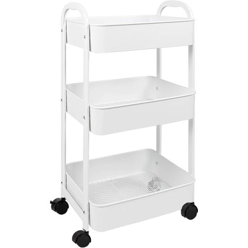 Goxeon 3-Tier Rolling Utility Cart with Caster Wheels,Easy Assembly, for Kitchen, Bathroom (White)