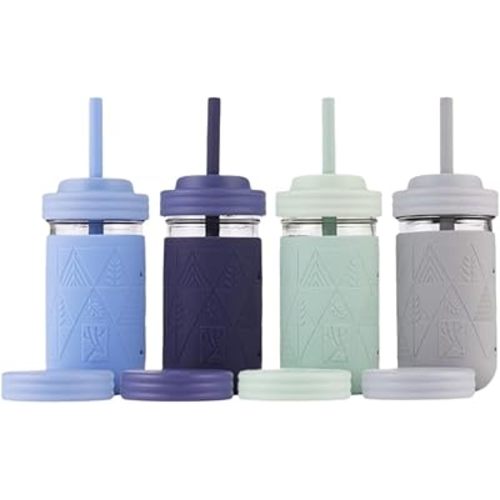 Elk and Friends Kids & Toddler Drinking Cups | Original Glass Mason Jar 12 oz with Silicone Sleeves + Straws | Smoothie Drinks | Spill Proof