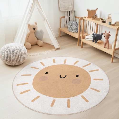 Cute Smiling Sun Round Kids Rug, Playful Sun Design Rug, Childrens Room Decor, Nursery Round Rug, Playroom Floor Mat